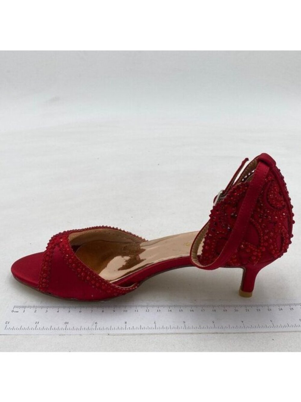 XYD Red Sandals Chic Peep Toe D'Orsay Kitten Low Heels Rhinestone Shoes